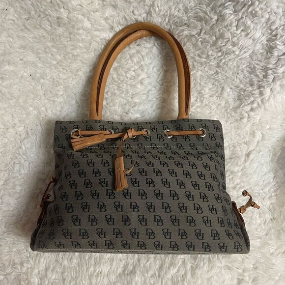 Dooney & Bourke small gray canvas logo tan leather straps and tassels.satchel. - Picture 8 of 12